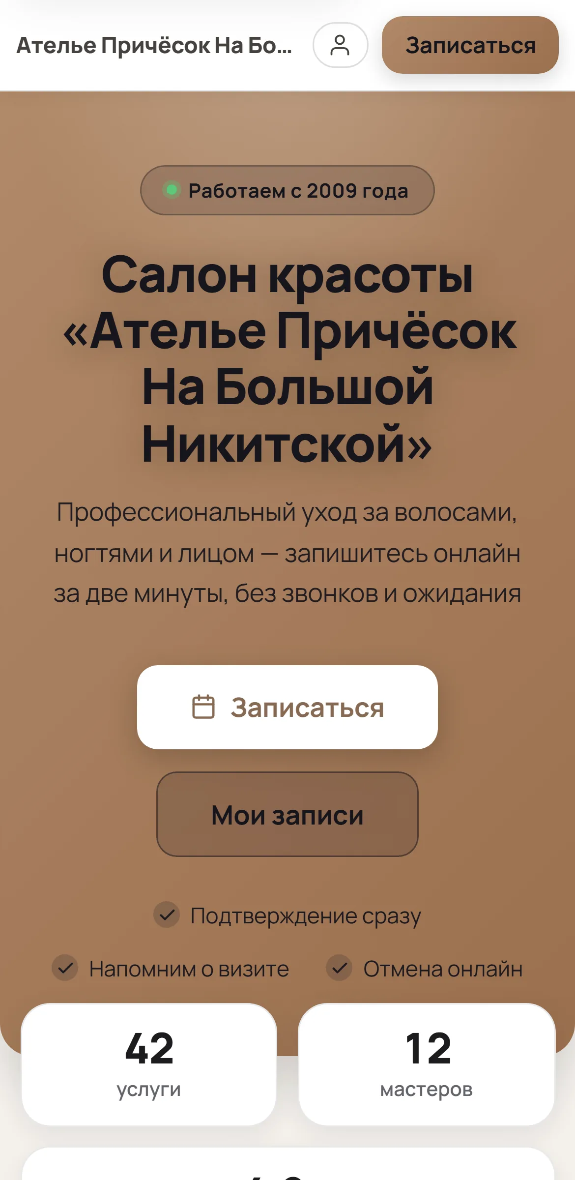 Страница салона на телефоне клиента: кнопка «Записаться», услуги и мастера